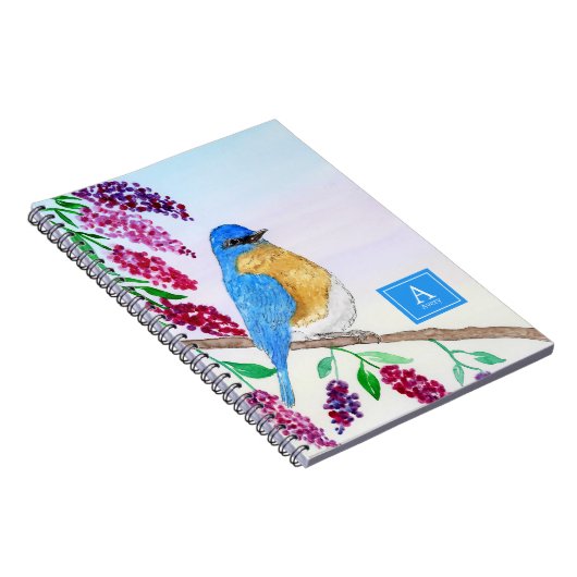 Waterverf Bluebird in Wisteria Tree Monogram Notitieboek (Rechterzijde)