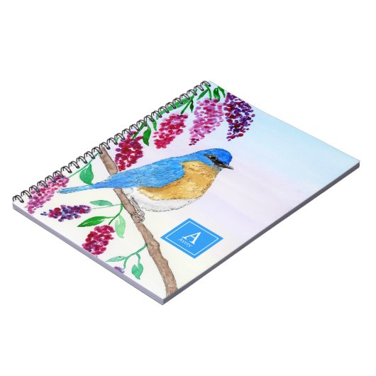 Waterverf Bluebird in Wisteria Tree Monogram Notitieboek (Linkerzijde)