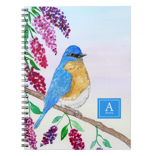 Waterverf Bluebird in Wisteria Tree Monogram Notitieboek (Voorkant)