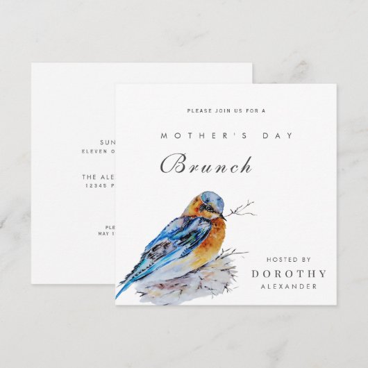 Waterverf Bluebird Moederdag Brunch Uitnodiging (Voorkant / Achterkant)