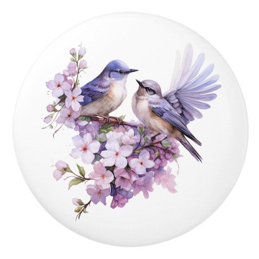 Waterverf Bluebirds en Cherry BLossoms Keramische Knop (Voorkant)