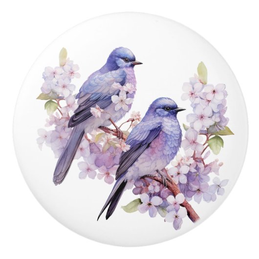 Waterverf Bluebirds en Cherry Blossoms Keramische Knop (Voorkant)