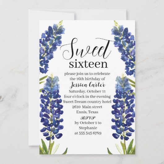 Waterverf Bluebonnets Wildflower Sweet 16 Zestien Kaart (Voorkant)