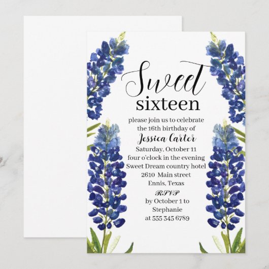 Waterverf Bluebonnets Wildflower Sweet 16 Zestien Kaart (Voorkant / Achterkant)