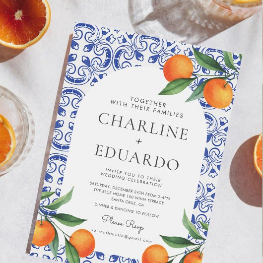 Waterverf Bluetile Mediterraans Bruiloft QR Code Kaart