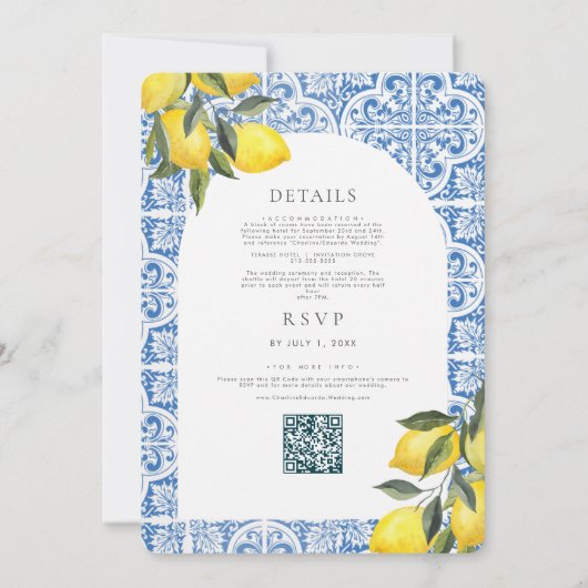 Waterverf Bluetile Mediterraans Bruiloft QR Code Kaart (Achterkant)