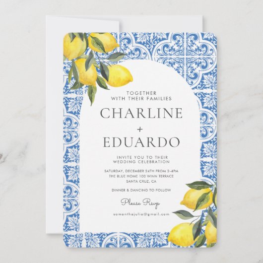 Waterverf Bluetile Mediterraans Bruiloft QR Code Kaart (Voorkant)