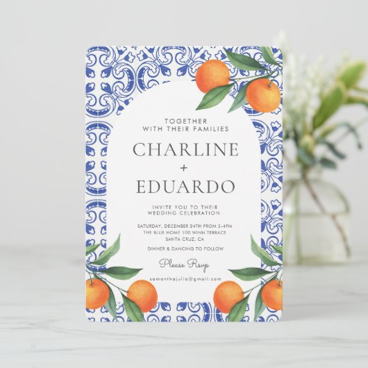 Waterverf Bluetile Mediterraans Bruiloft QR Code Kaart (Staand voorkant)