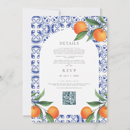 Waterverf Bluetile Mediterraans Bruiloft QR Code Kaart (Achterkant)