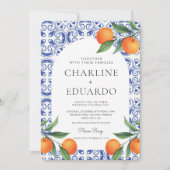 Waterverf Bluetile Mediterraans Bruiloft QR Code Kaart (Voorkant)