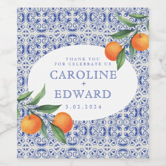 Waterverf Bluetile Mediterrane bruiloft Wijn Etiket (Enkel label)