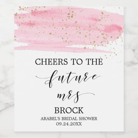 Waterverf Blush and Gold Future Mrs Vrijgezellenfe Wijn Etiket (Enkel label)