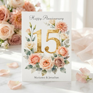 Waterverf Blush Bloem Goud 15e Verjaardag Kaart
