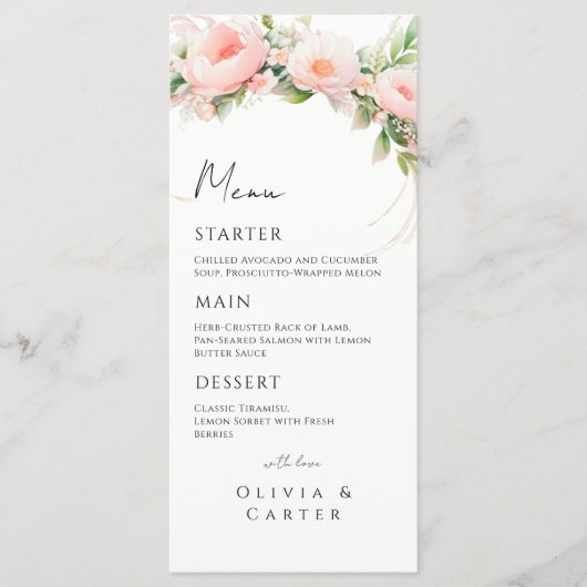 Waterverf Blush Bloemen bruiloft Menu (Voorkant)