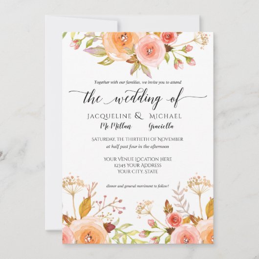 Waterverf Blush Bloemen Bruiloft Roos Bladblad Kaart (Voorkant)