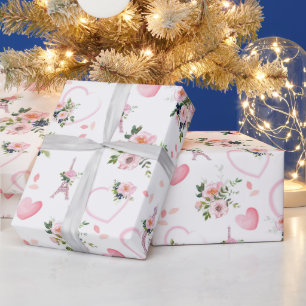 Waterverf Blush Bloemen Eiffeltoren Patroon Cadeaupapier