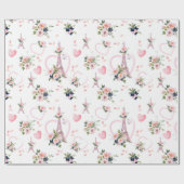 Waterverf Blush Bloemen Eiffeltoren Patroon Cadeaupapier (Vlak)