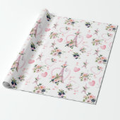 Waterverf Blush Bloemen Eiffeltoren Patroon Cadeaupapier (Uitgerold)