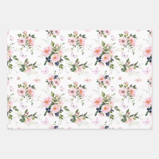 Waterverf Blush Bloemen Eiffeltoren Patroon Inpakpapier Vel (Voorkant 2)