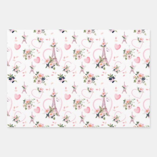 Waterverf Blush Bloemen Eiffeltoren Patroon Inpakpapier Vel (Voorkant)