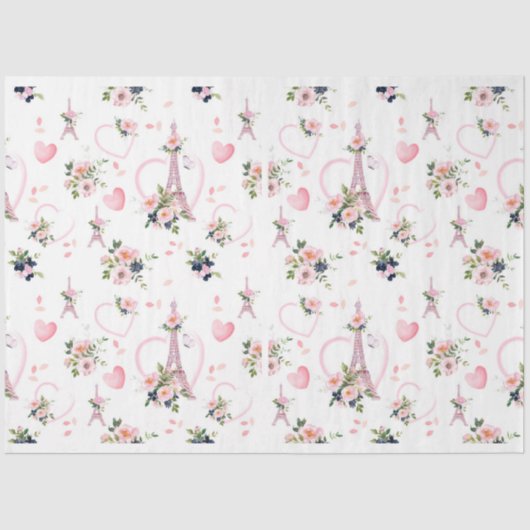 Waterverf Blush Bloemen Eiffeltoren Patroon Tissuepapier (Voorkant)