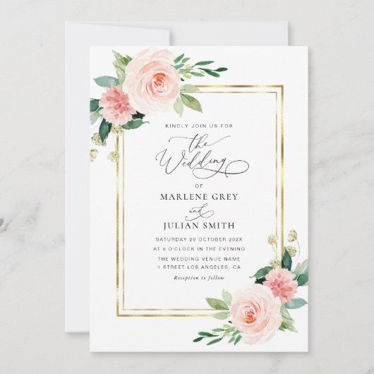 waterverf Blush Bloemen Goud lijst bruiloft Kaart (Voorkant)