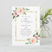 waterverf Blush Bloemen Goud lijst bruiloft Kaart (Staand voorkant)