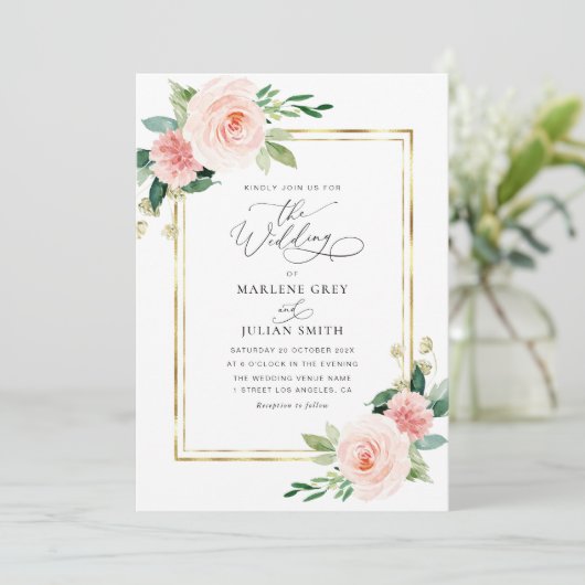 waterverf Blush Bloemen Goud lijst bruiloft Kaart (Staand voorkant)