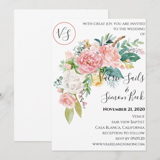 Waterverf Blush Bloemen Huwelijksuitnodiging Kaart (Voorkant / Achterkant)