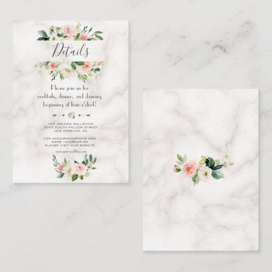 Waterverf Blush Bloemen Marmeren Trouwdetails Informatiekaartje (Voorkant / Achterkant)