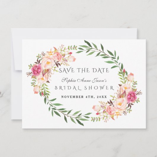Waterverf Blush Bloemenkrans Bruiloft Feest Save The Date (Voorkant)