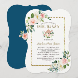 Waterverf Blush Bloemig Goud Navy Bruiloft Feest Kaart