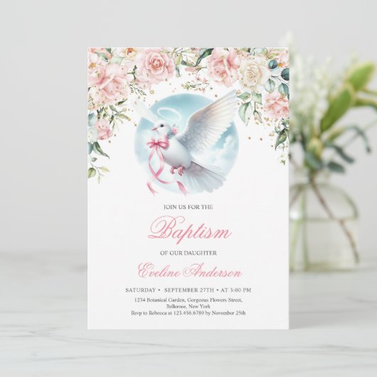 Waterverf blush bloesemkrans schattig duif doopsel kaart (Staand voorkant)