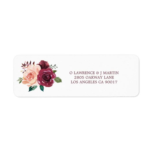 Waterverf Blush Bourgogne Rozen Trouwadres Etiket (Voorkant)