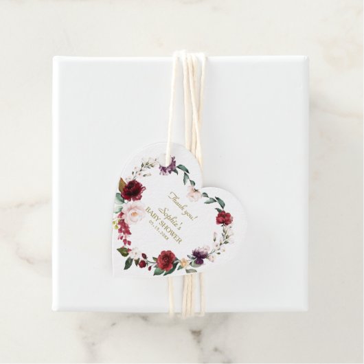 Waterverf Blush Bourgondië Bloemige Baby Shower Bedankjes Labels (In situ)