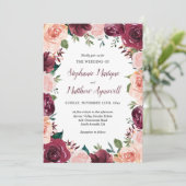 Waterverf Blush Bourgondië Roos Border Bruiloft Kaart (Staand voorkant)