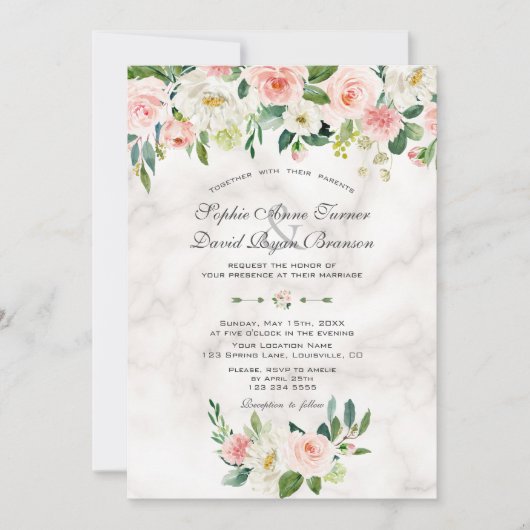 Waterverf Blush Cream Flowers Marble Wedding Kaart (Voorkant)