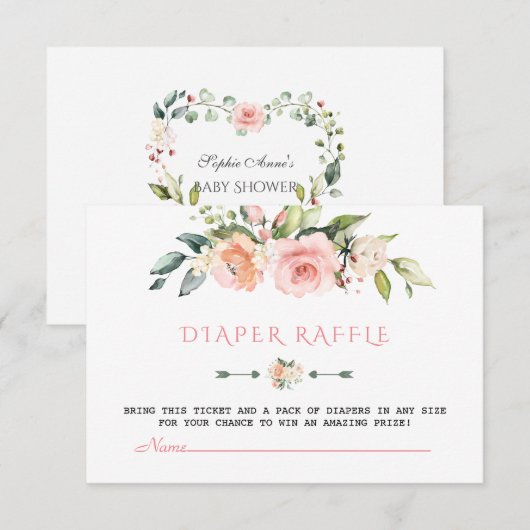Waterverf Blush Crème Floral Diaper Raffle Informatiekaartje (Voorkant / Achterkant)