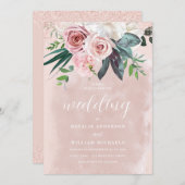 Waterverf Blush & Dusty Pink Rose Flowers Weddensc Kaart (Voorkant / Achterkant)