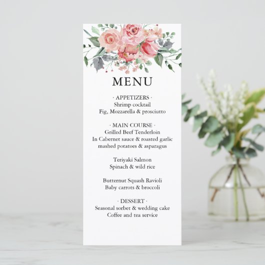 Waterverf Blush Dusty Roos Bloemen Bruiloft Menu (Staand voorkant)
