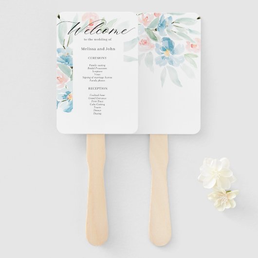 Waterverf Blush en Blue Wedding Details Handwaaier (Voorkant en achterkant)