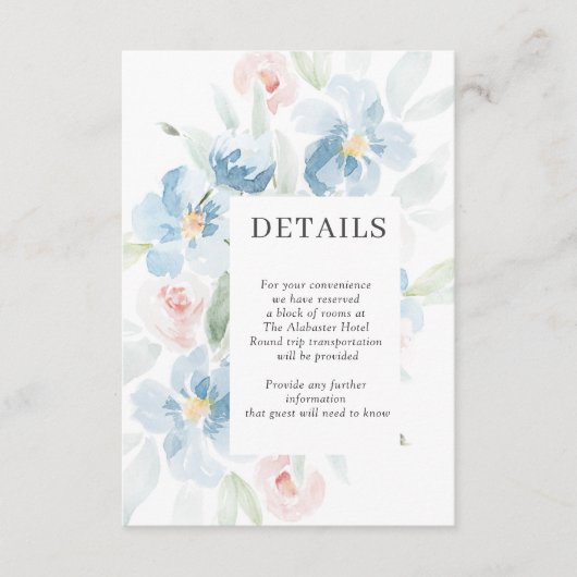 Waterverf Blush en Blue Wedding Details Informatiekaartje (Voorkant)