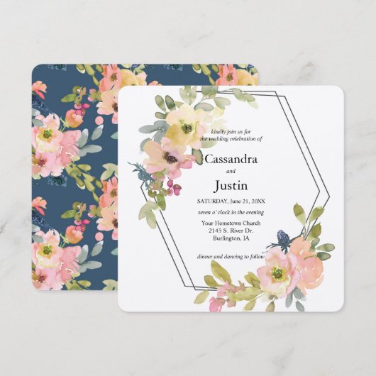 Waterverf Blush en Lemon Wedding Kaart (Voorkant / Achterkant)