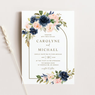 Waterverf Blush en Navy Blue Floral Wedding Kaart