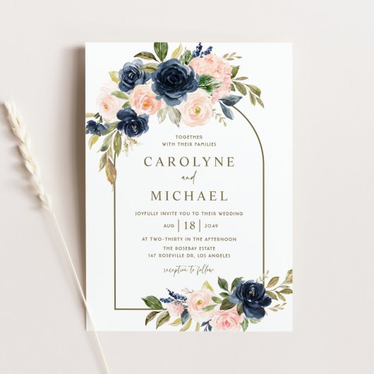 Waterverf Blush en Navy Blue Floral Wedding Kaart