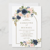 Waterverf Blush en Navy Blue Floral Wedding Kaart (Voorkant)