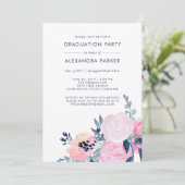 Waterverf Blush en Navy Floral Graduation Party Kaart (Staand voorkant)