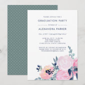 Waterverf Blush en Navy Floral Graduation Party Kaart (Voorkant / Achterkant)