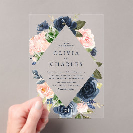 Waterverf Blush en Navy Floral Lijst Wedding Acryl Uitnodigingen