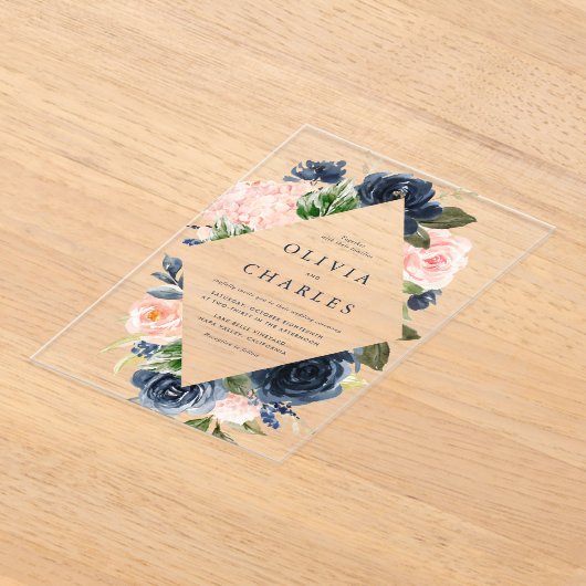 Waterverf Blush en Navy Floral Lijst Wedding Acryl Uitnodigingen (Laagn)